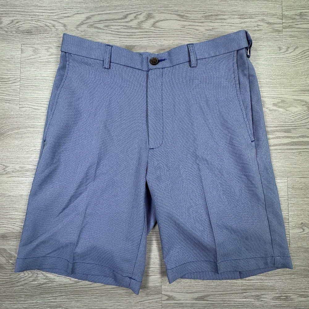 Haggar Mens Shorts Cool 18 Pro Blue 32‎ Flat Front Micro Check Performance